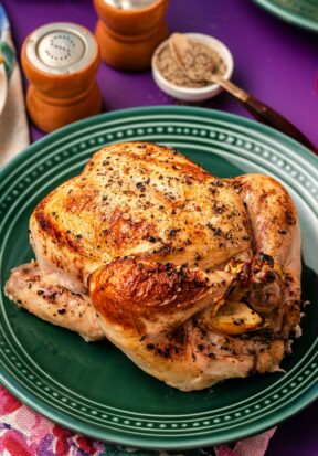 Side view of a single baked buttermilk brined Cornish hens on a plate, pictured with salt and pepper shakers, more seasonings, and decorative cloths.