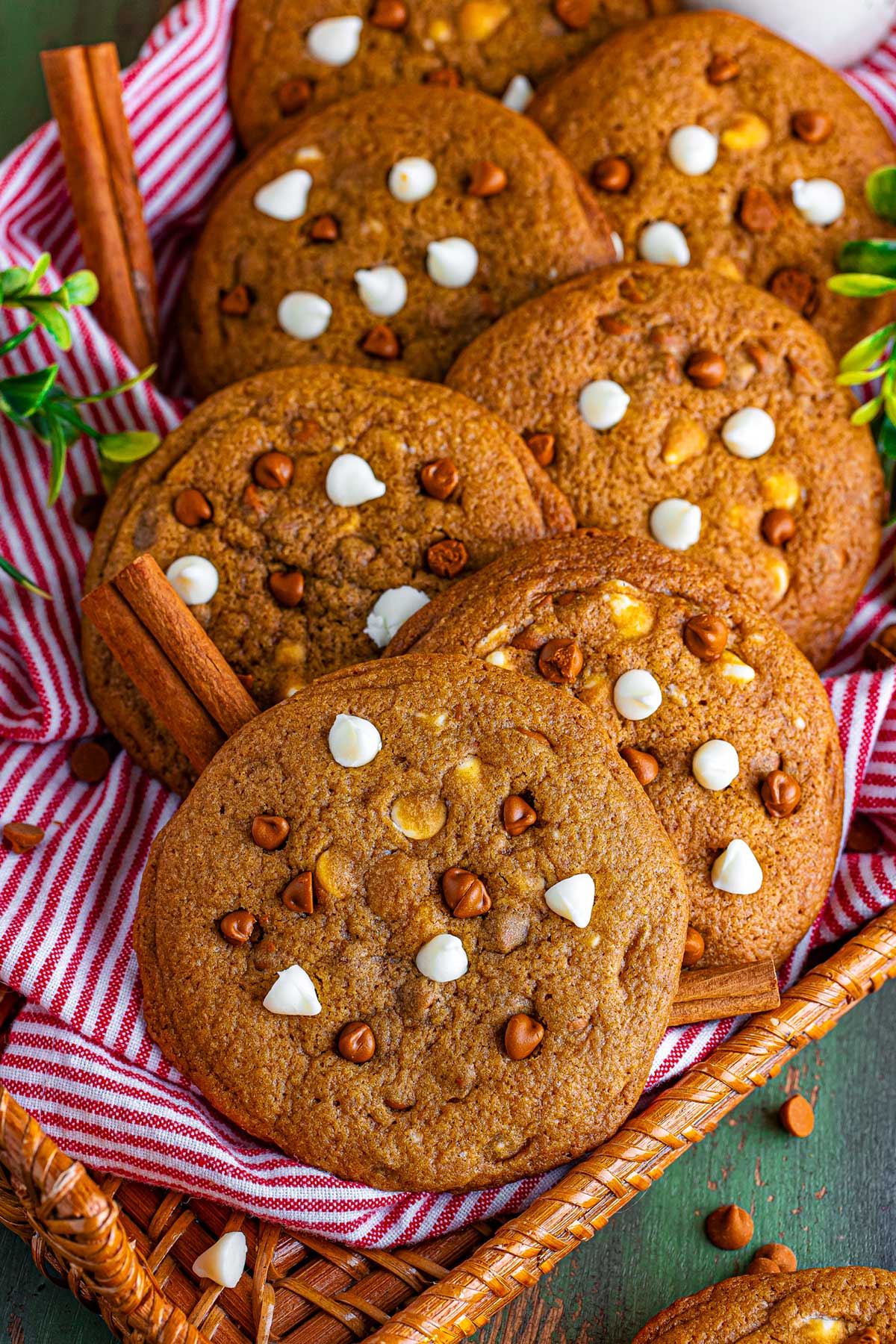 Close up side view of a decorative wooden tray filled with gingerbread chocolate chip cookies, stacked in a way so they're leaning back and showing off a good view to the camera, pictured with cinnamon sticks, holly, and decorative twinkle lights.