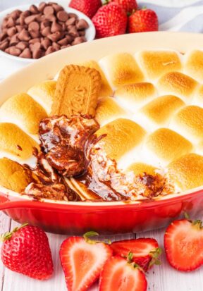 Close up side view of a pan of freshly baked s'mores dip, pictured with an area that's already been dug into, showing off the creamy chocolate and melted marshmallow, featuring a cookie resting in the groove of melted chocolate, ready to be picked up and eaten.